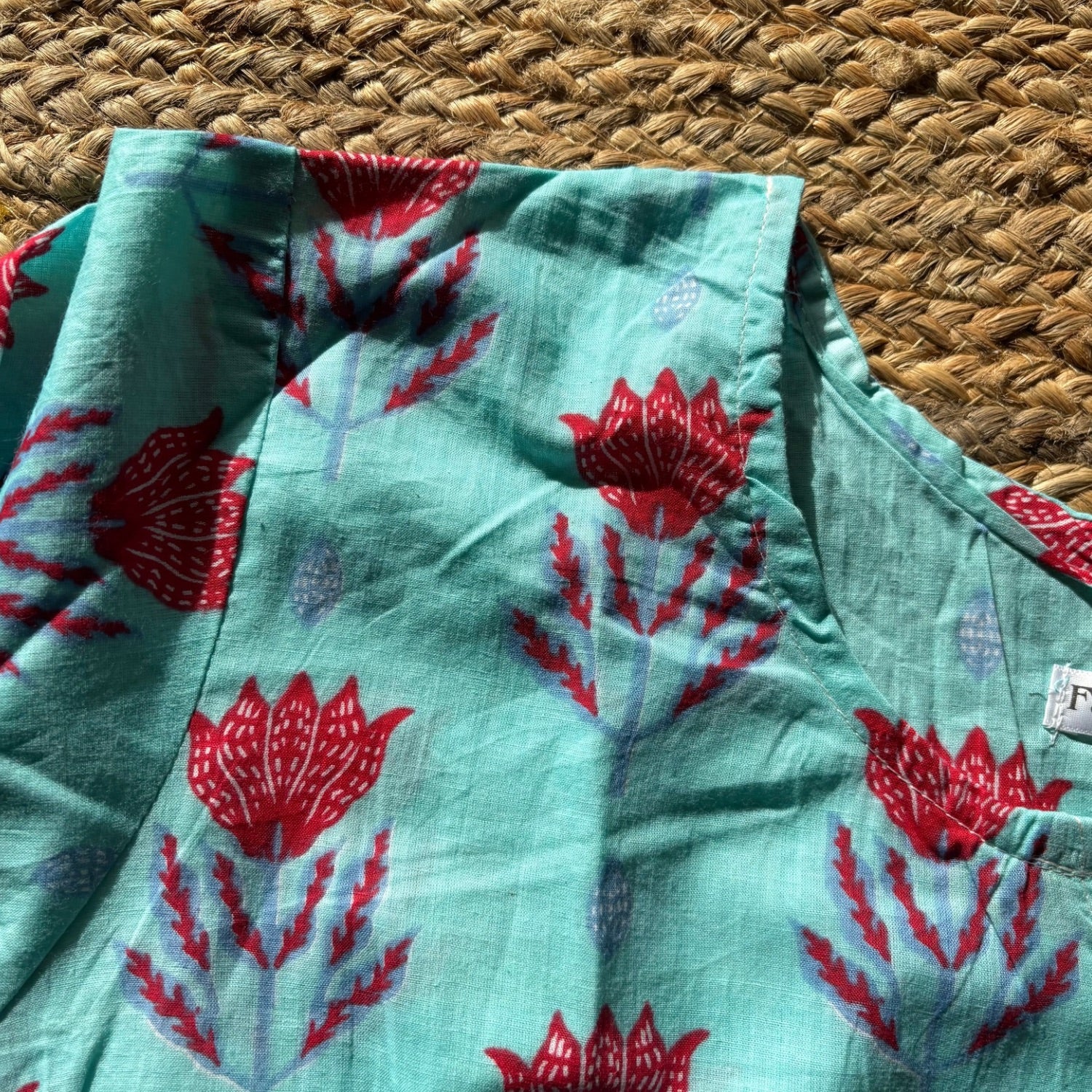 Aqua Color Pure Cotton 3/4th Sleeves Printed Short Kurti For Women