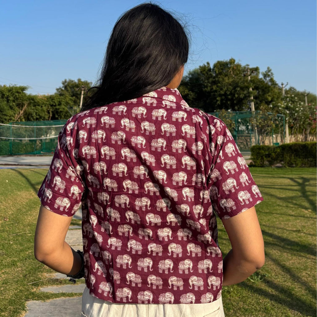 Crop Shirt Pure Cotton Elephant Print Mahroon Color For Women