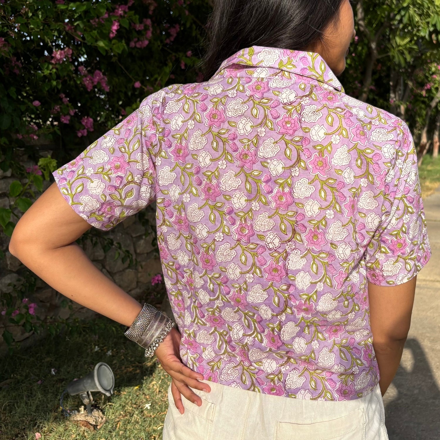 Block Print Pure Cotton Crop Shirt Light Purple Color For Women