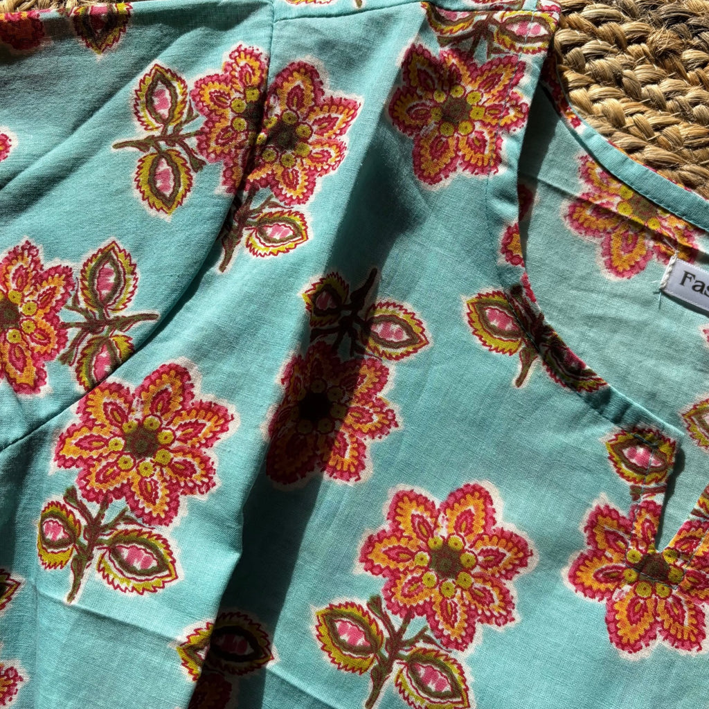Floral Print Aqua Color Pure Cotton 3/4th Sleeves Short Kurti For Women