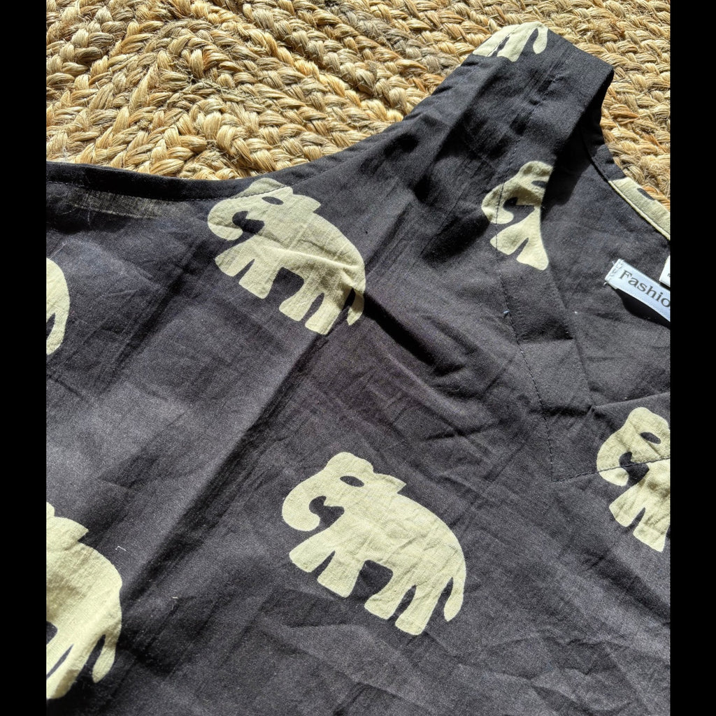 Cut Sleeves Pure Cotton Black Elephant Print Short Kurti For Women