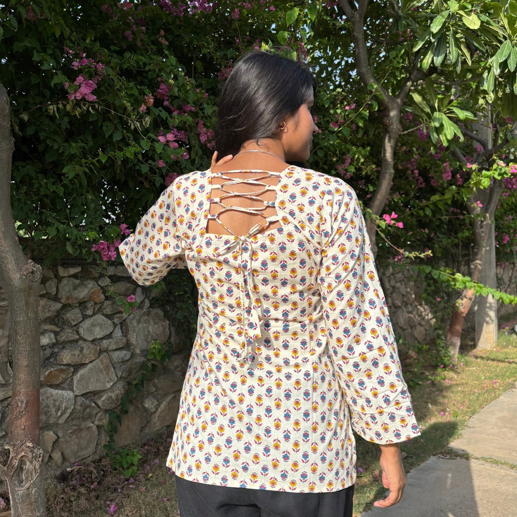 Pure Cotton Full Sleeves White Printed Short Kurti With Back Zig Zag Dori