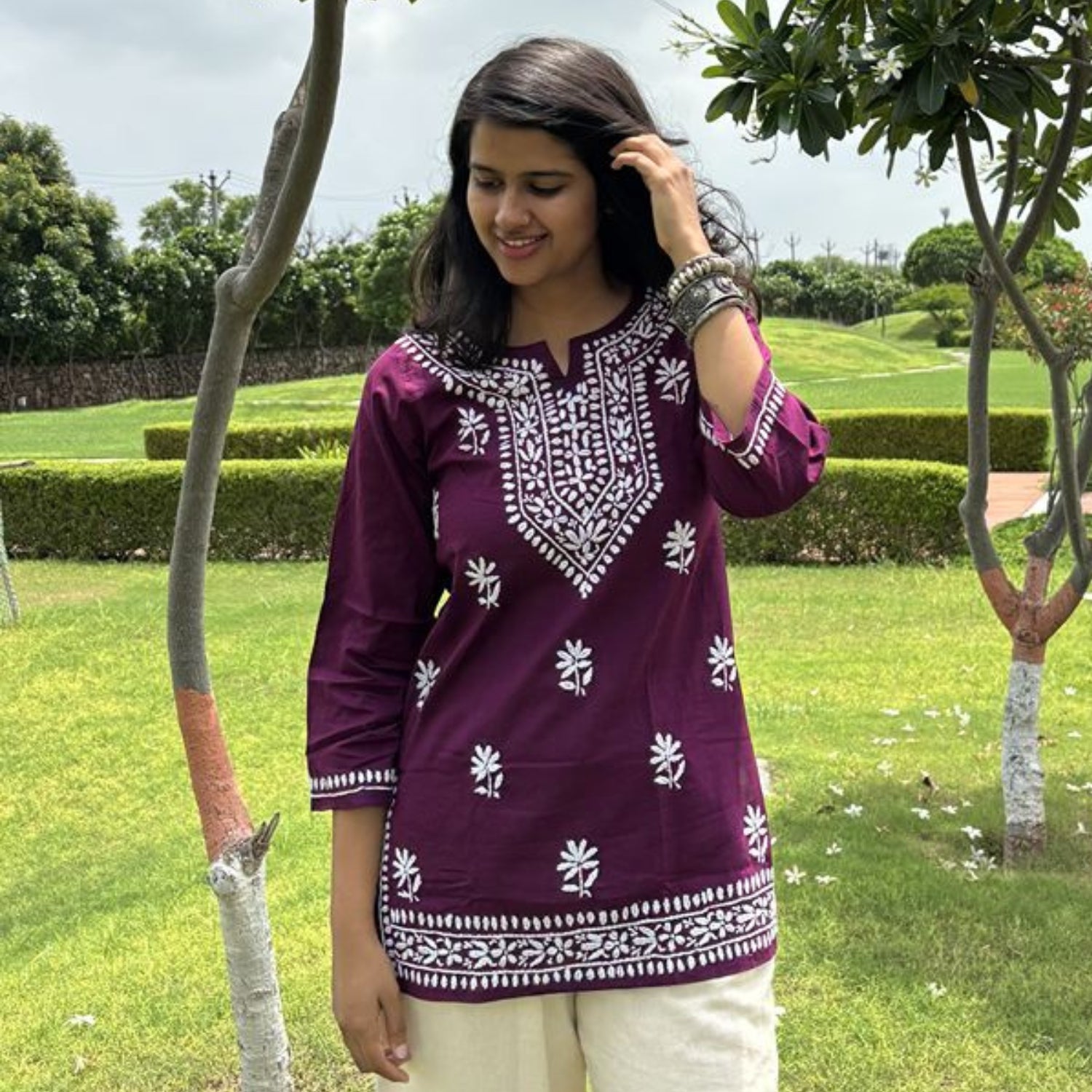 Purple Lucknowi Chikankari Cotton Short Kurti For Women