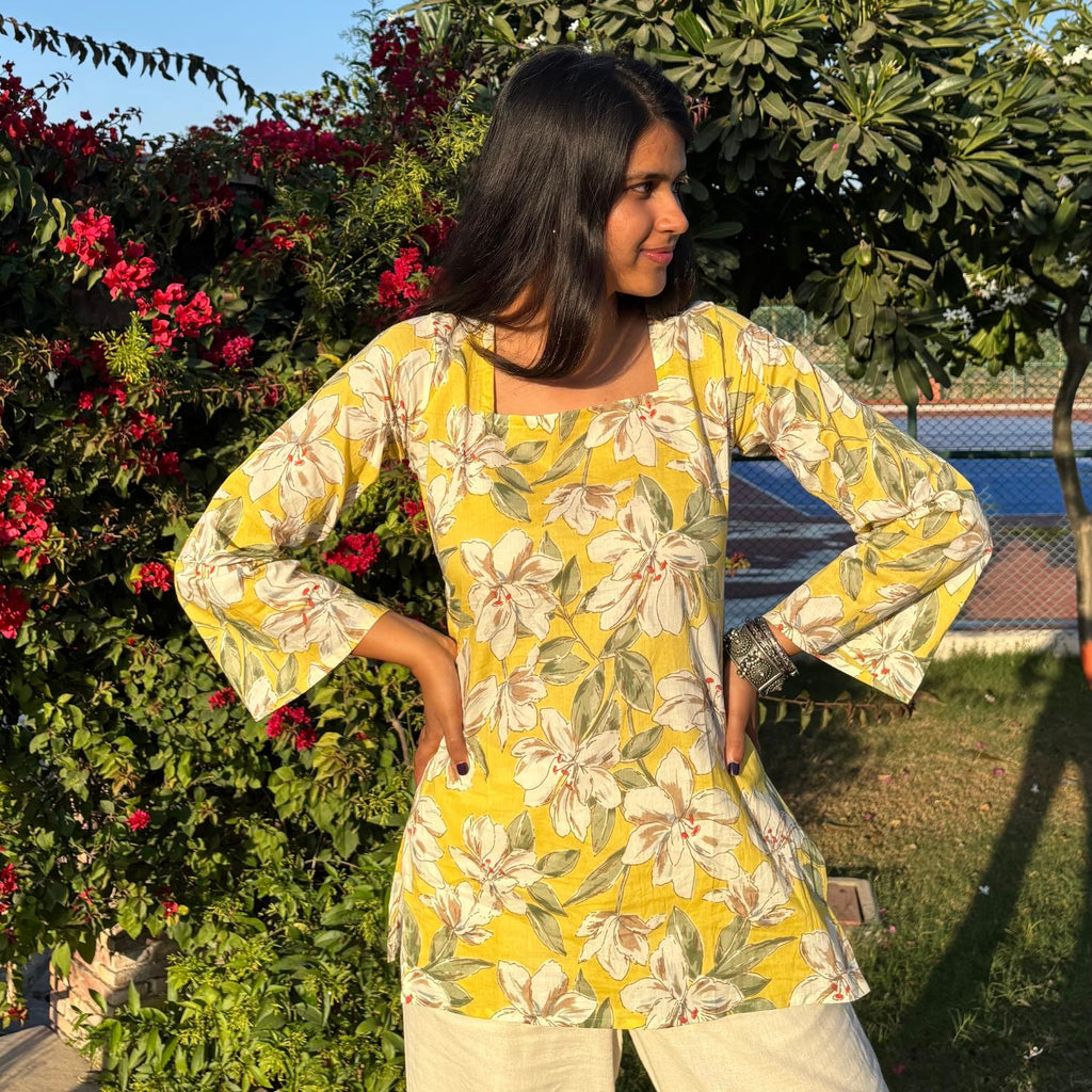Pure Cotton Full Sleeves Yellow Floral Printed Short Kurti With Back Zig Zag Dori