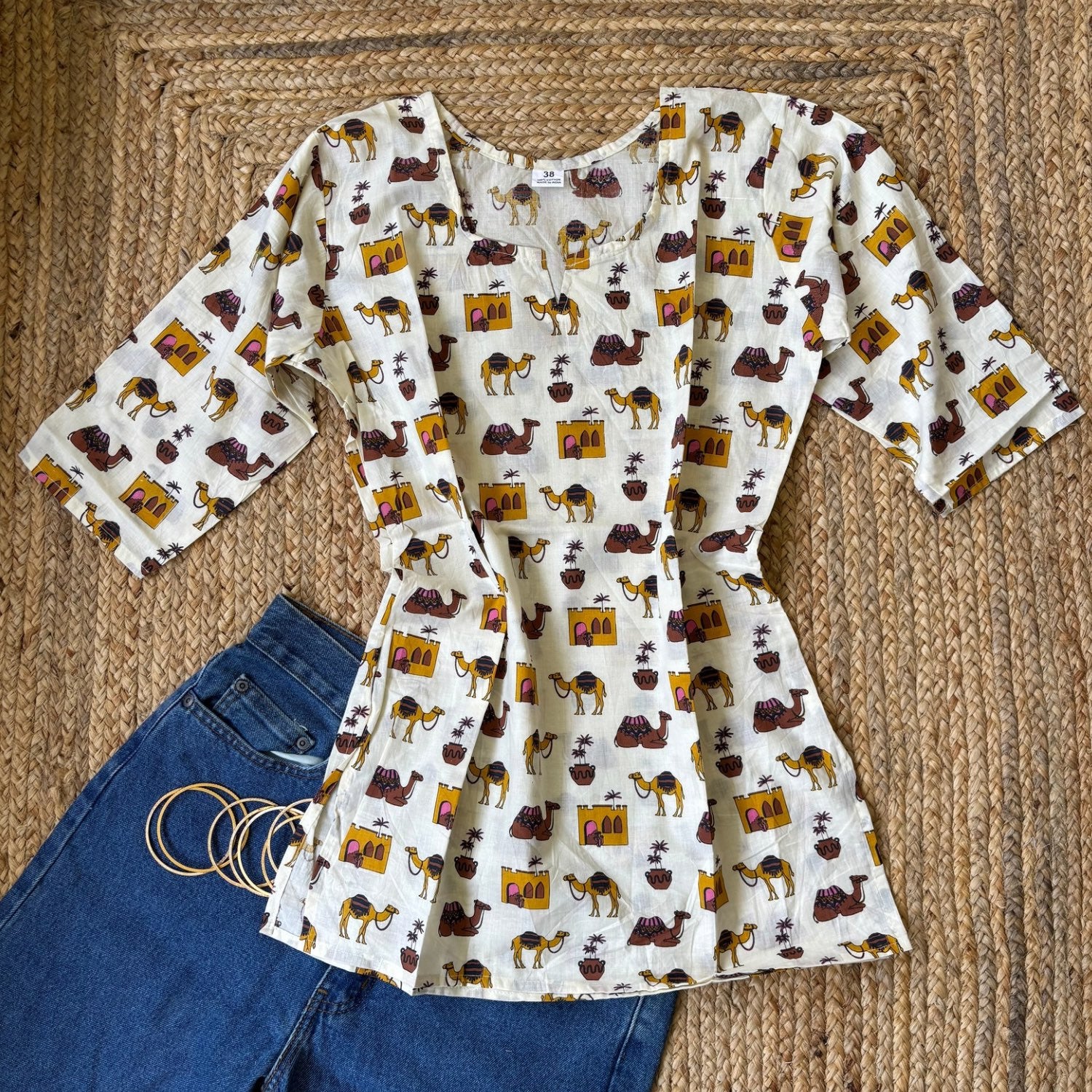 Camel Print White Pure Cotton 3/4th Sleeves Short Kurti For Women