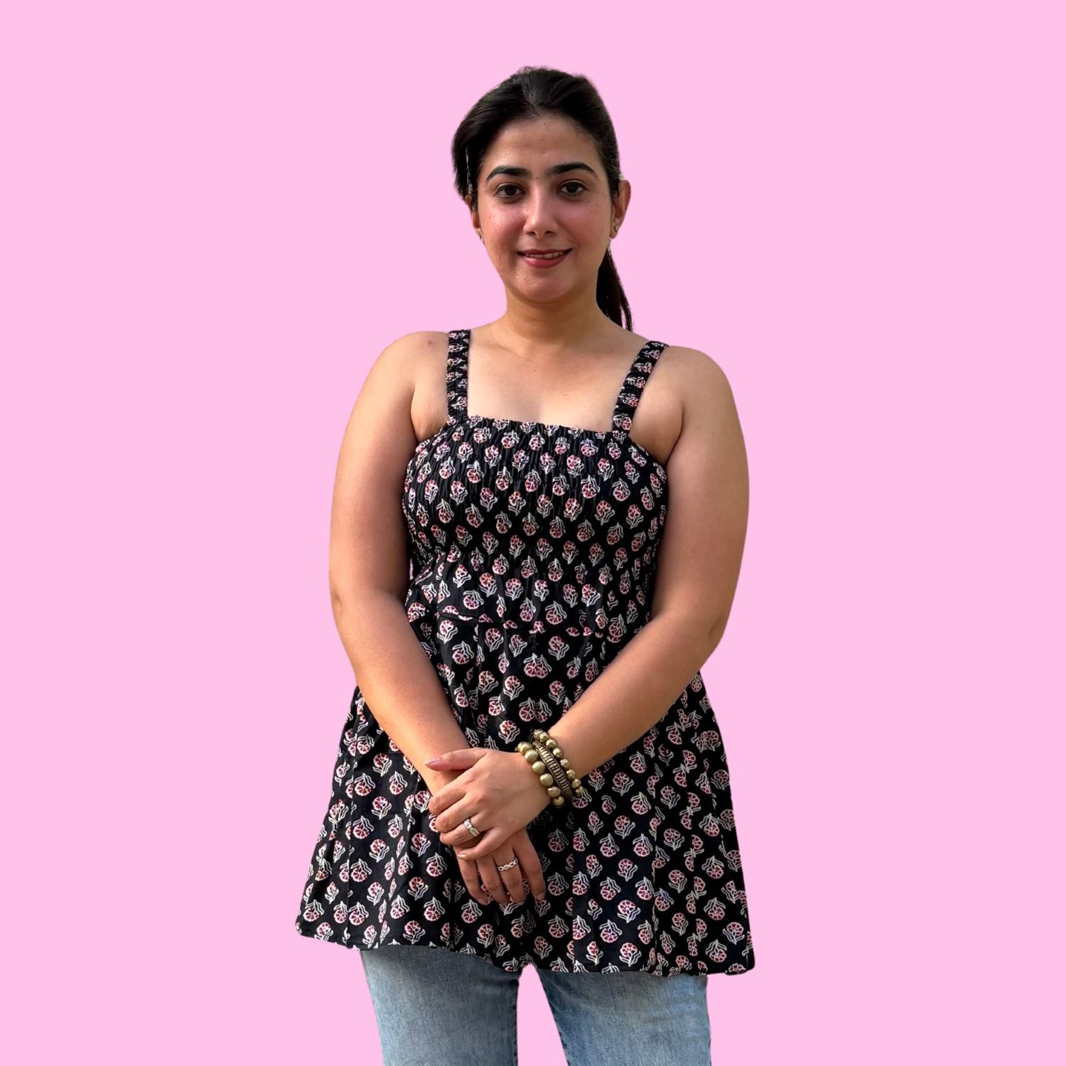 Women's Floral Print Smocked Black Tank Top, Casual Summer Wear