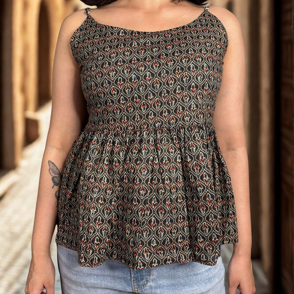 Black Cotton Printed Peplum Step Top For Women Sleeveless