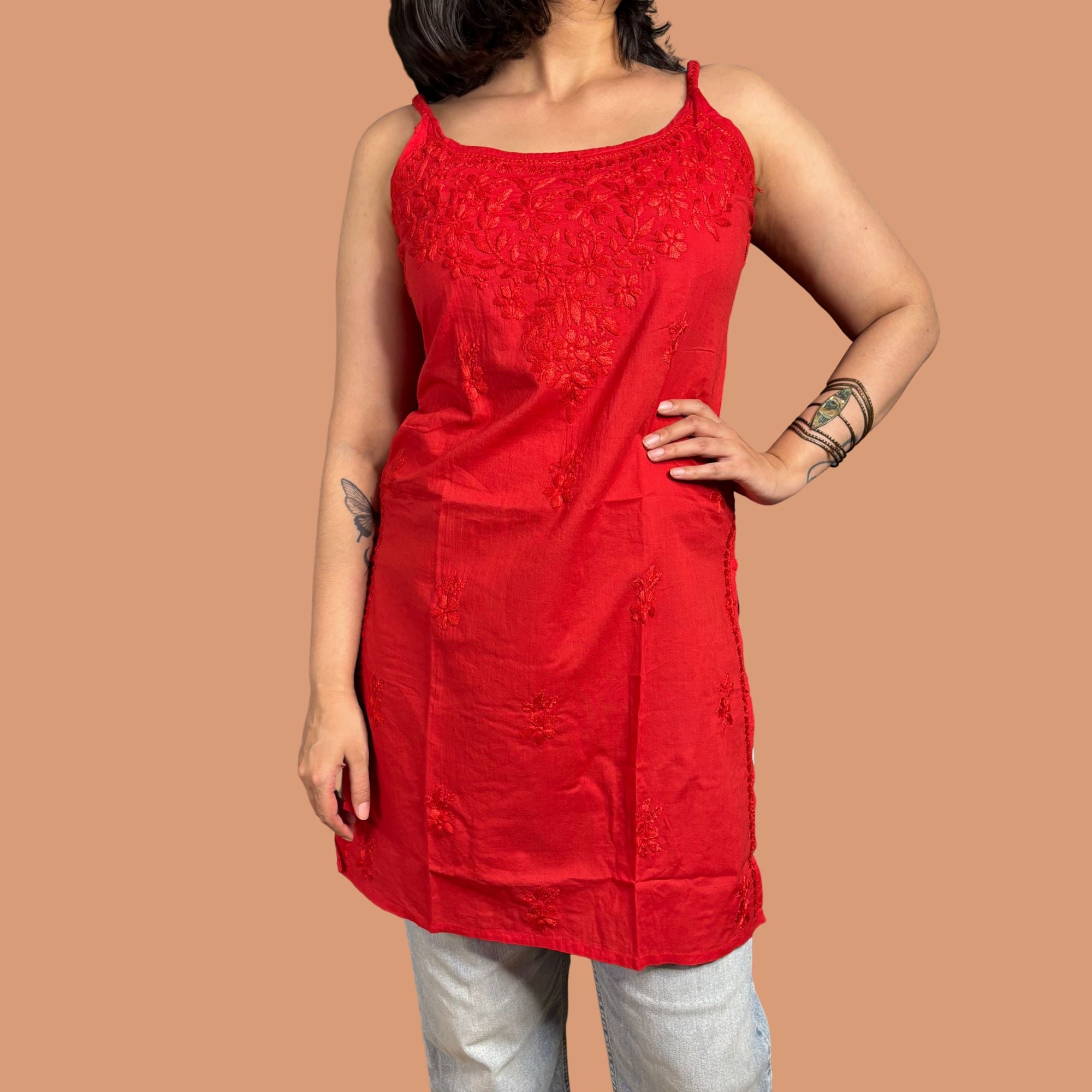 Red Lucknowi Chikankari Pure Cotton Step Kurta For Women