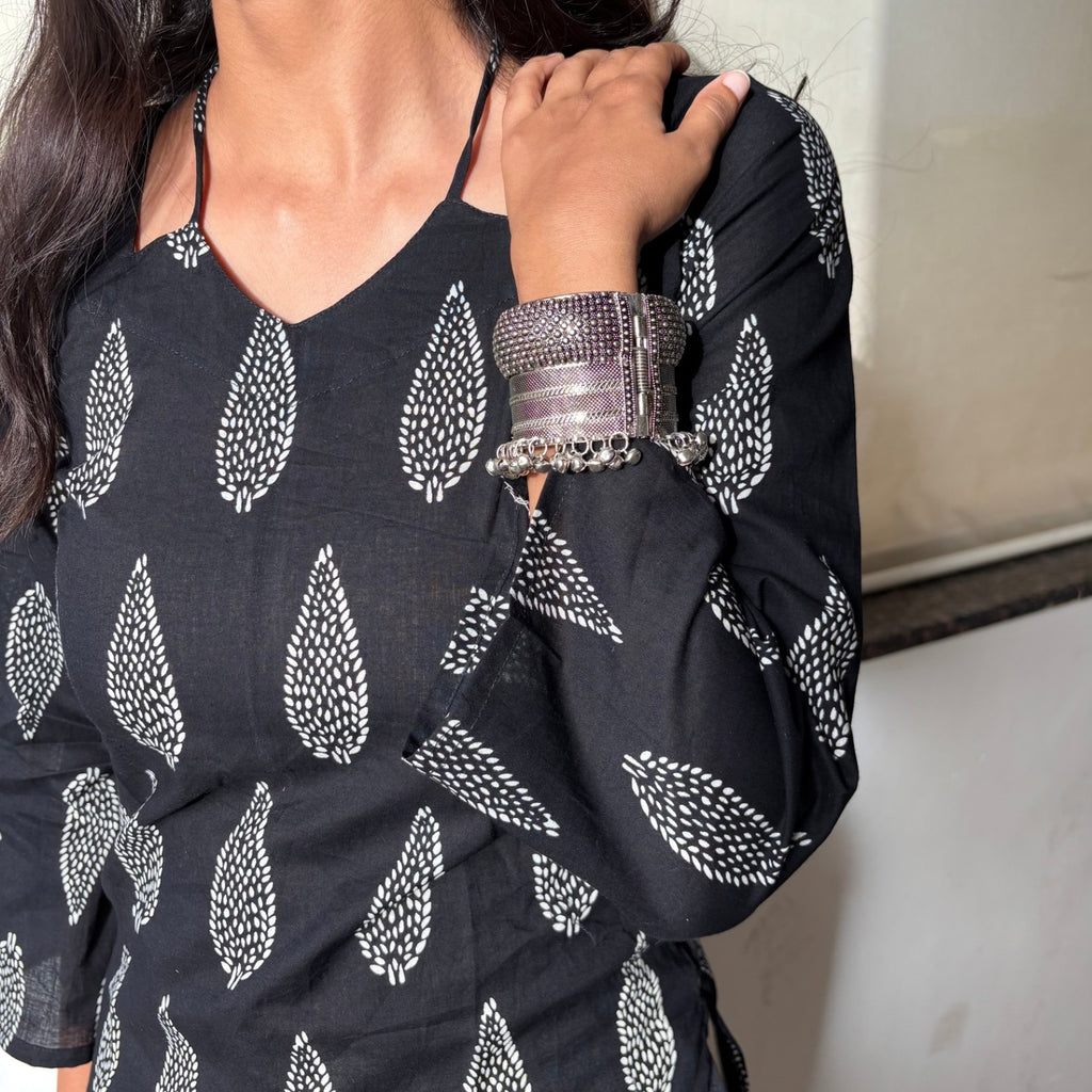Black Jaipuri Print Corset Back Kurti Pure Cotton For Women