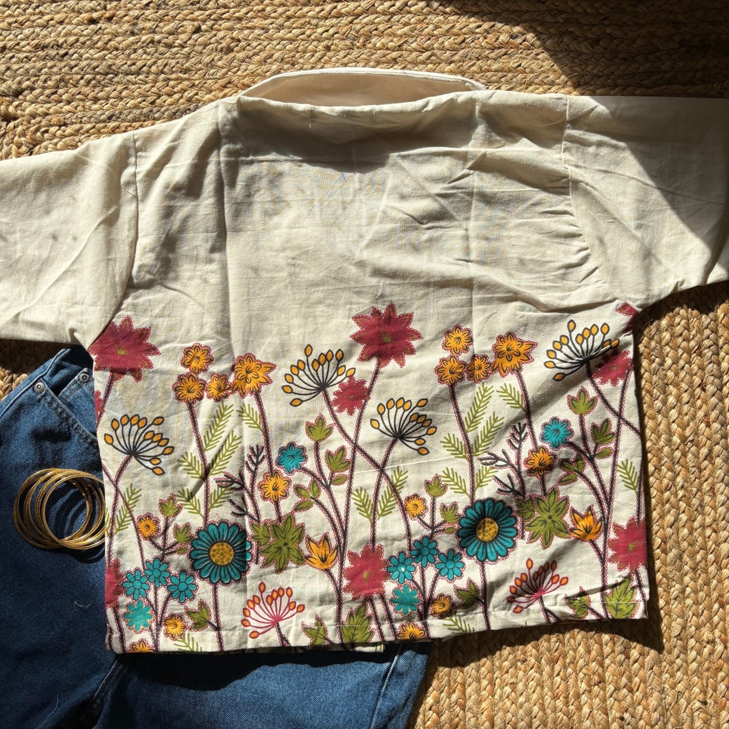 Beige Color Printed Pure Cotton Crop Shirt For Women