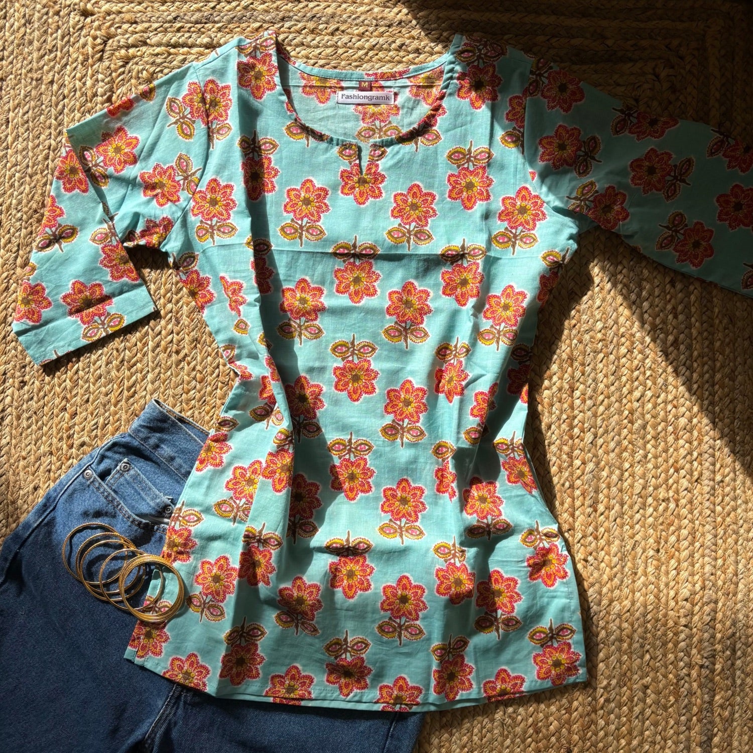 Floral Print Aqua Color Pure Cotton 3/4th Sleeves Short Kurti For Women