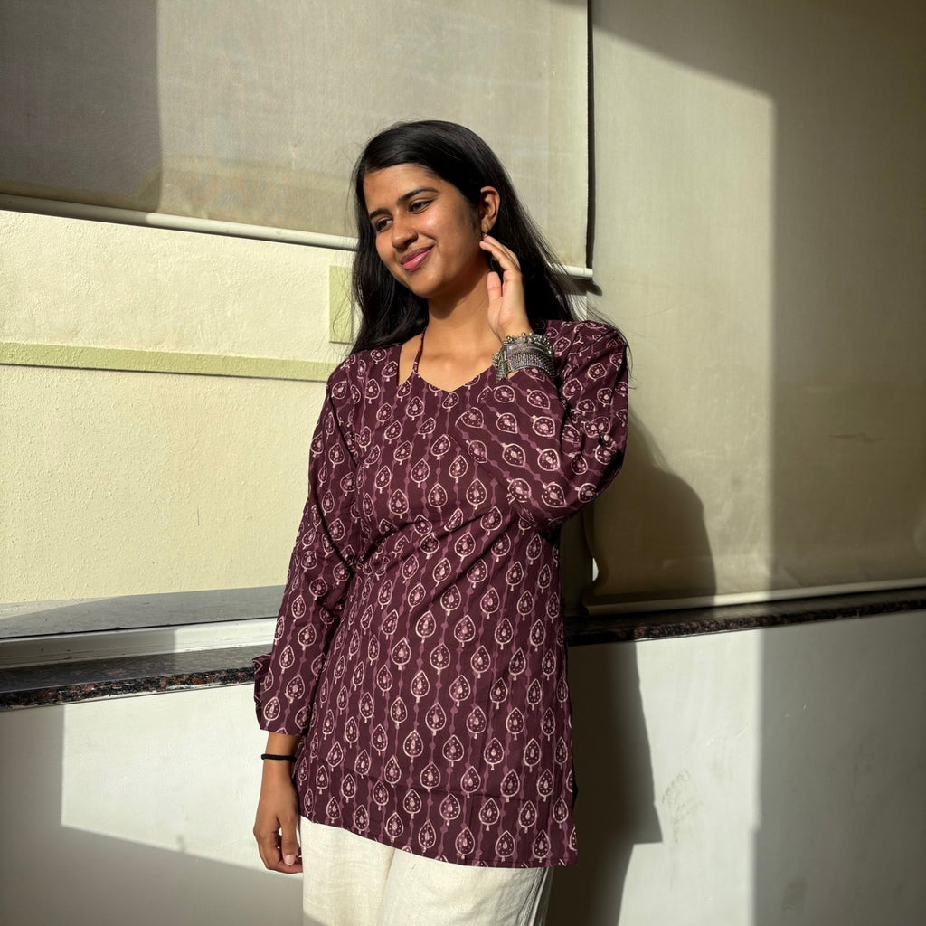 Mahroon Jaipuri Printed Corset Back Kurti Pure Cotton For Women