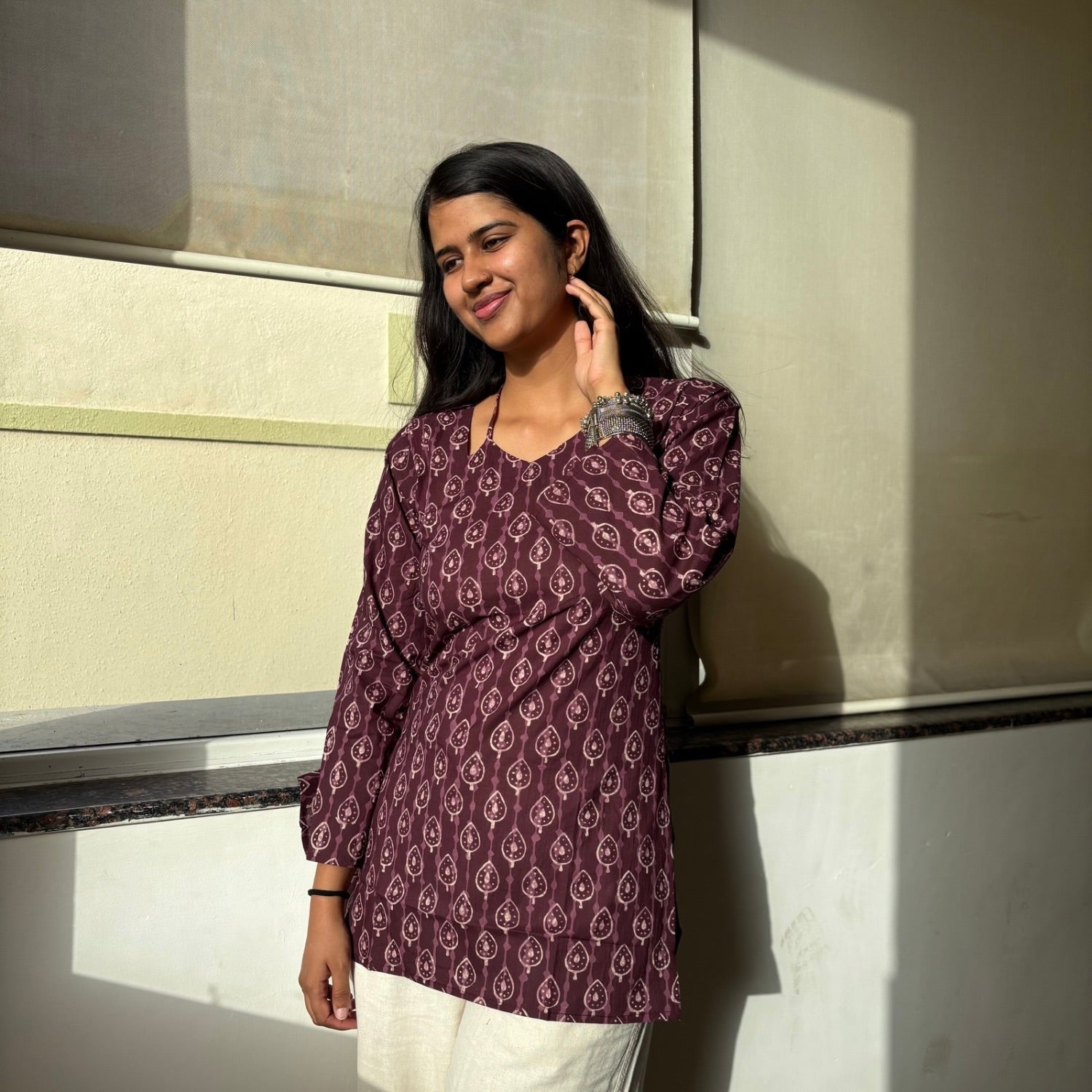 Mahroon Jaipuri Printed Corset Back Kurti Pure Cotton For Women