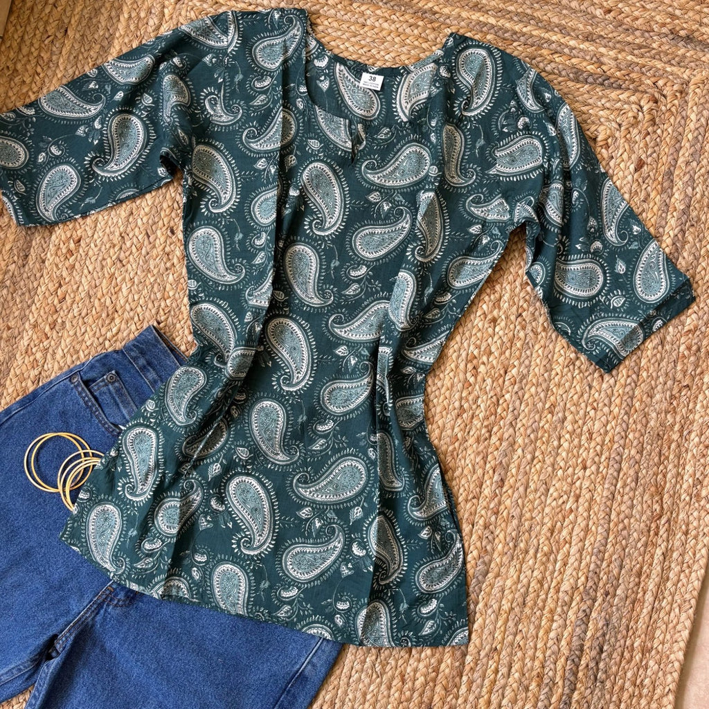 Green Jaipuri Print Pure Cotton 3/4th Sleeves Short Kurti For Women
