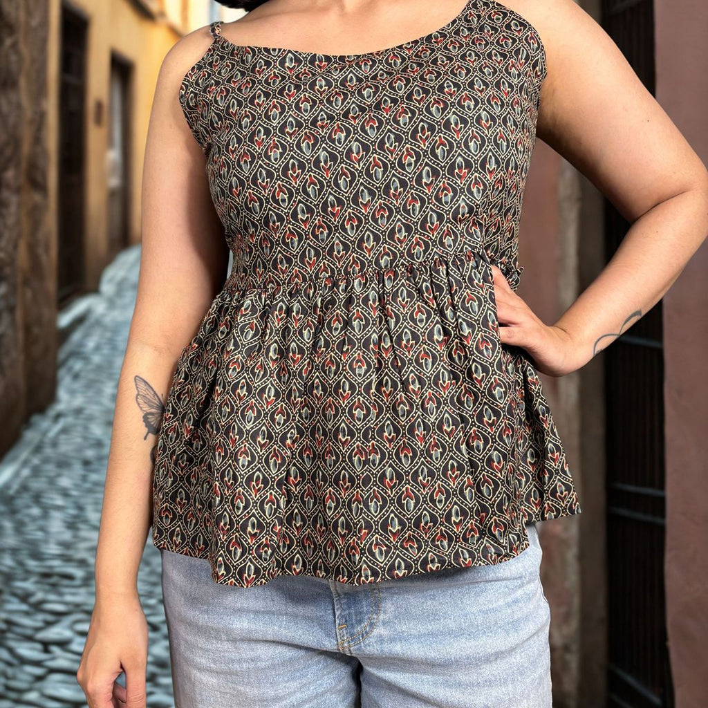 Black Cotton Printed Peplum Step Top For Women Sleeveless