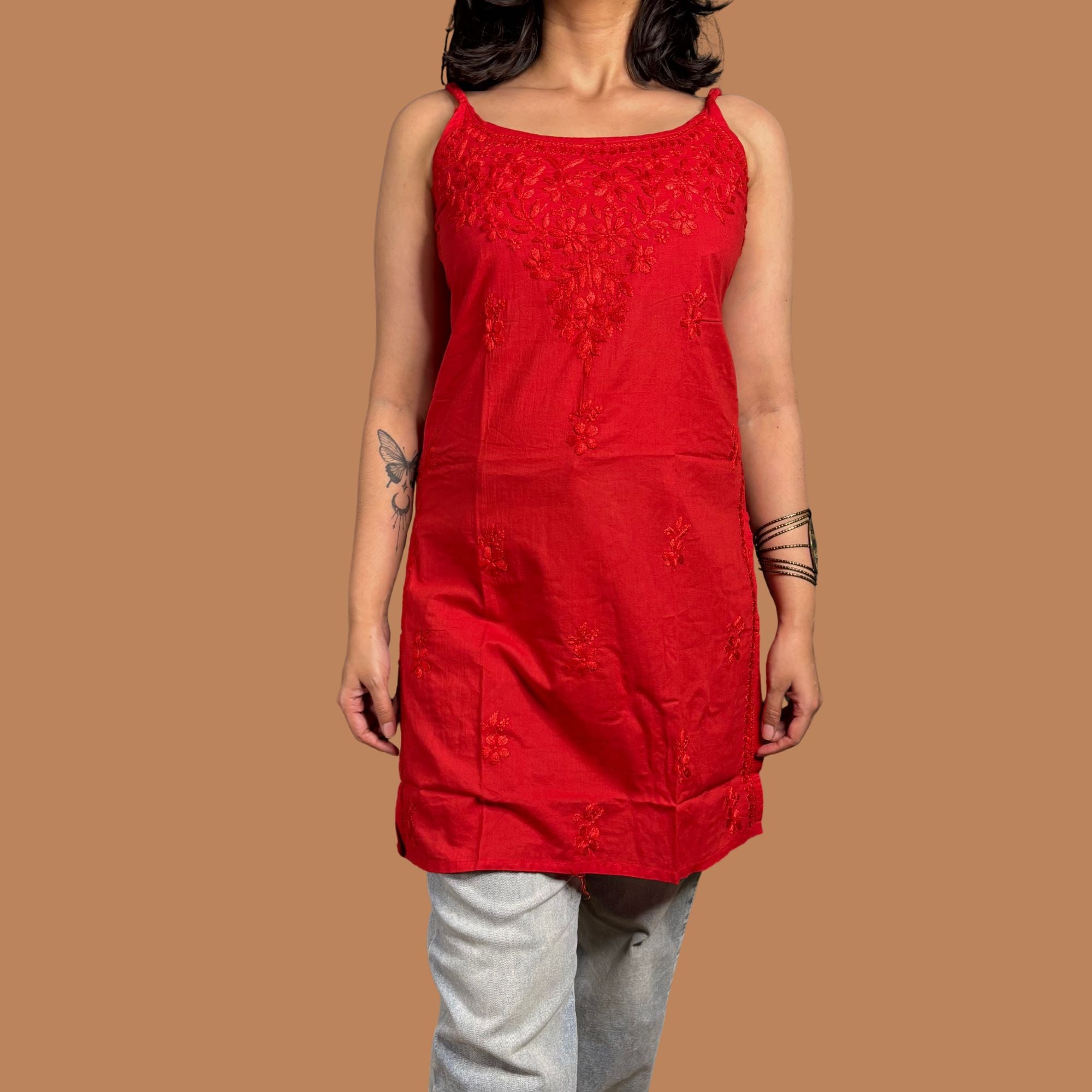 Red Lucknowi Chikankari Pure Cotton Step Kurta For Women