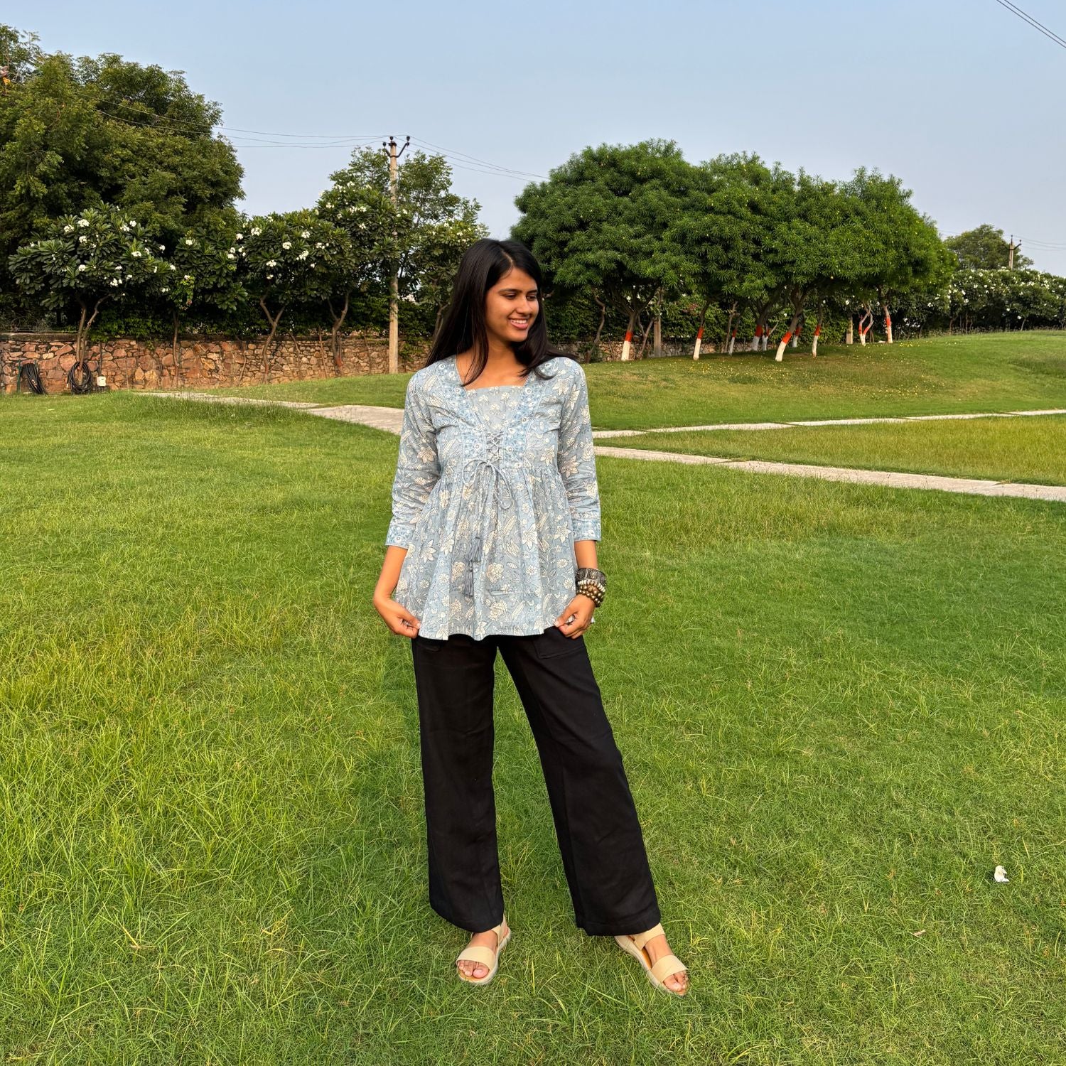 Light Blue Jaipuri Print Cotton Peplum Top For Women