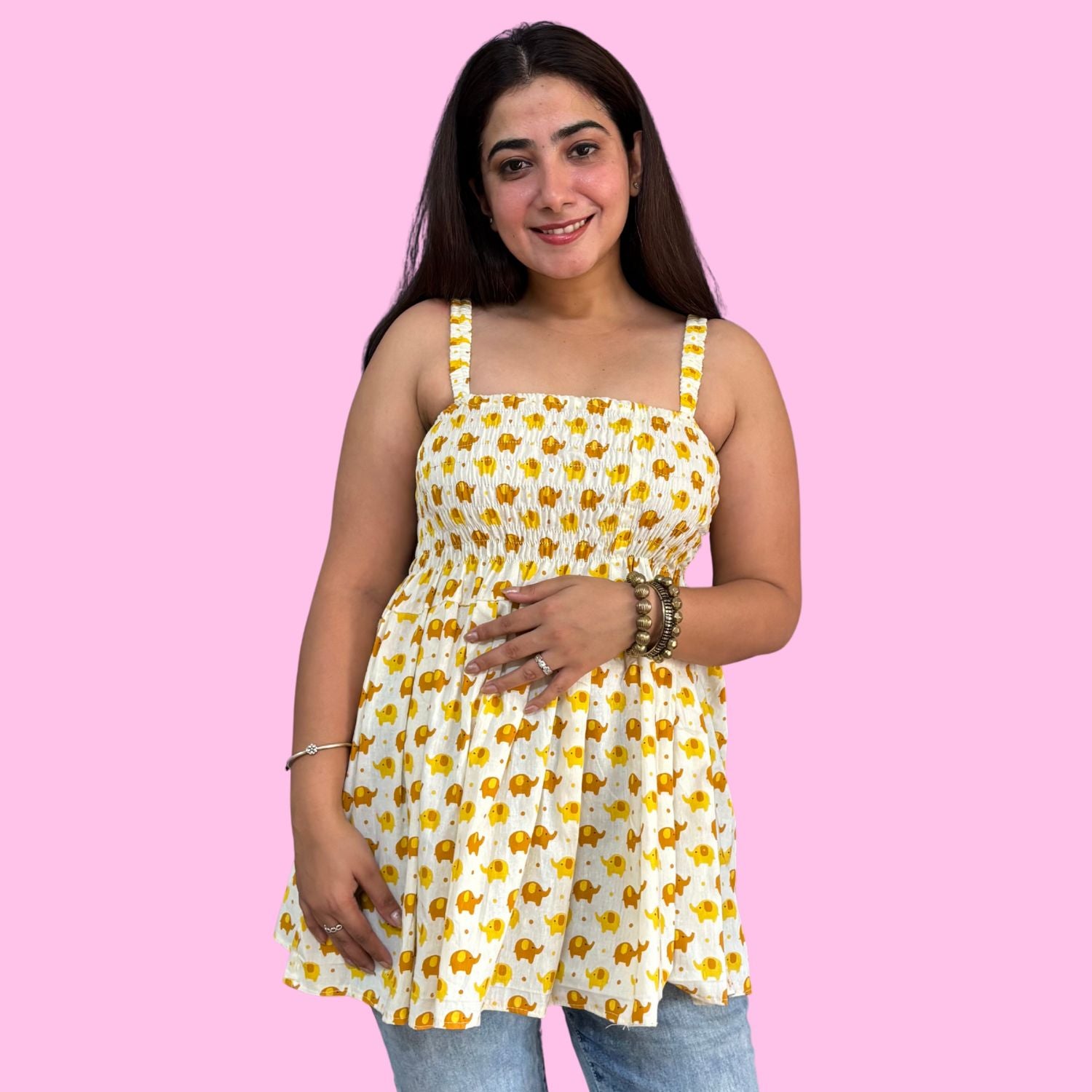 Women's Cotton Elephant Print Smocked Tank Top, Yellow, Casual Summer Wear