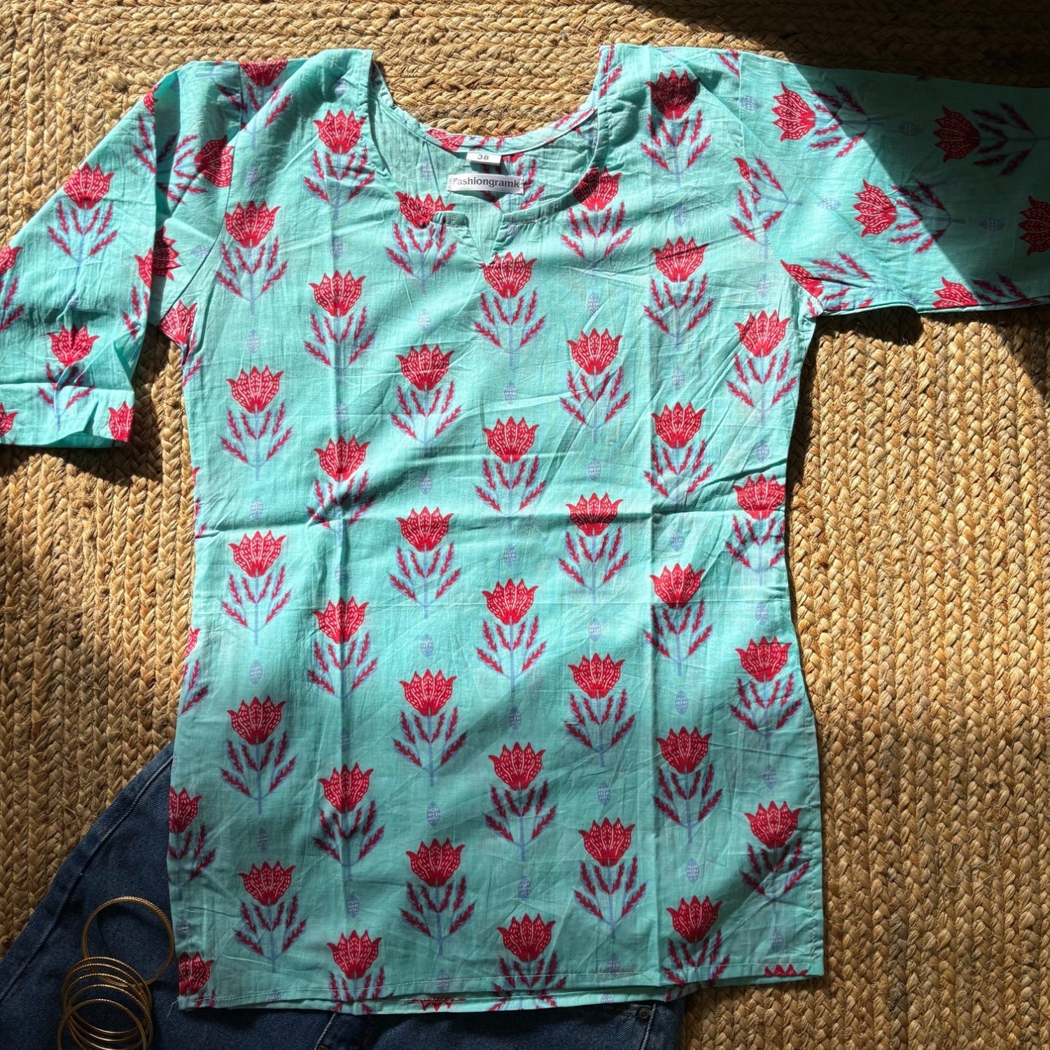 Aqua Color Pure Cotton 3/4th Sleeves Printed Short Kurti For Women