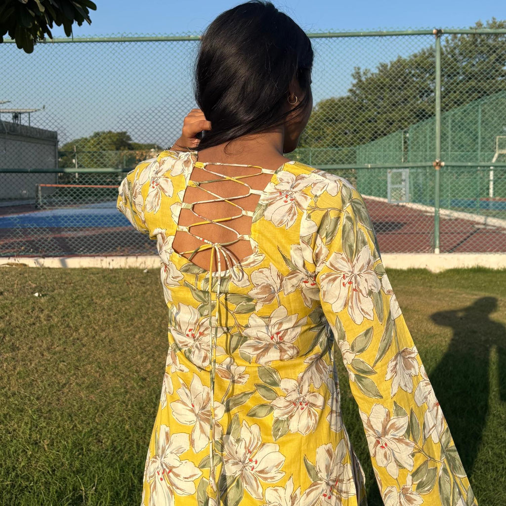 Pure Cotton Full Sleeves Yellow Floral Printed Short Kurti With Back Zig Zag Dori
