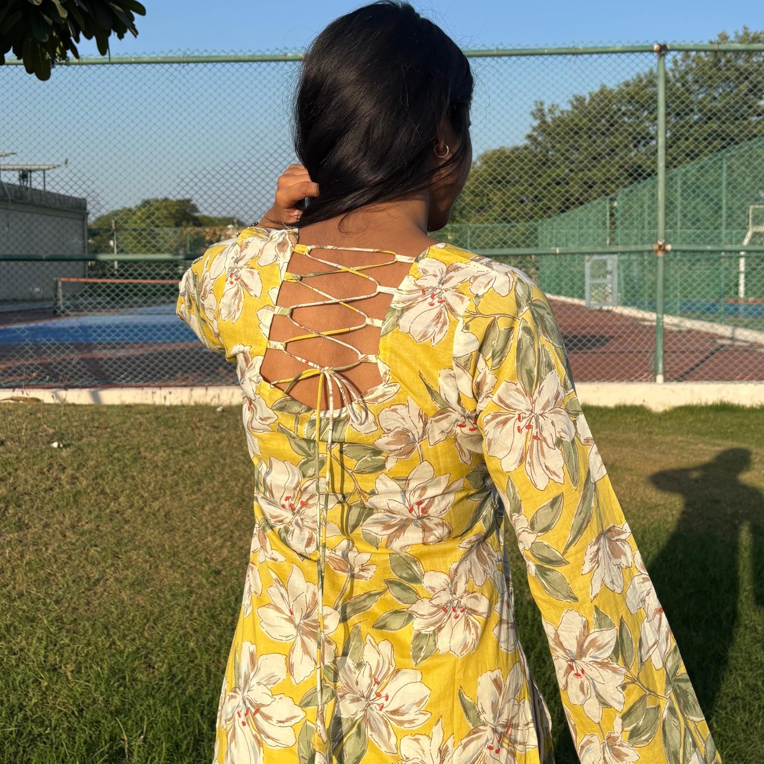 Pure Cotton Full Sleeves Yellow Floral Printed Short Kurti With Back Zig Zag Dori