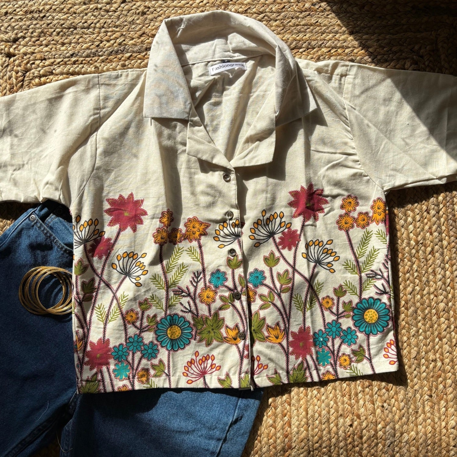 Beige Color Printed Pure Cotton Crop Shirt For Women