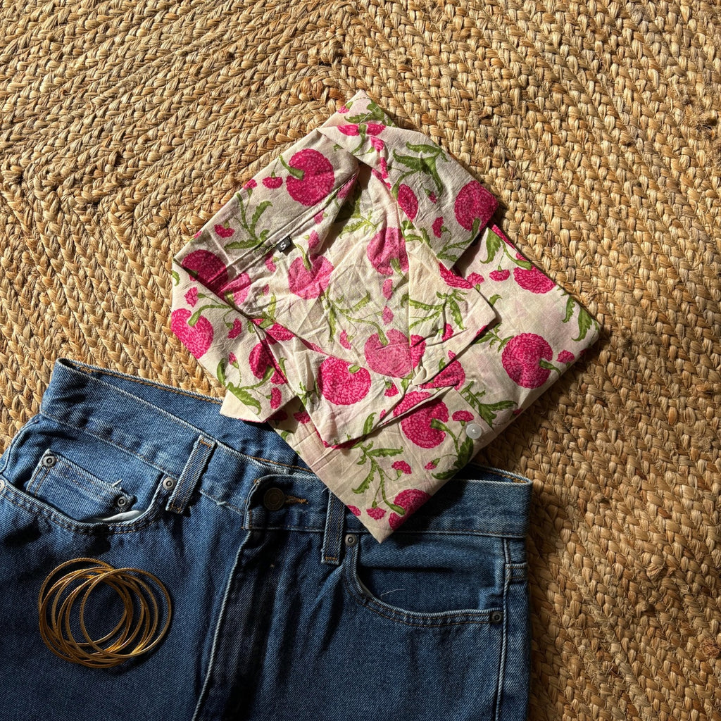 White & Pink Floral Print Pure Cotton Crop Shirt For Women