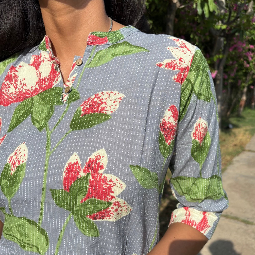 Grey Color Pure Cotton 3/4th Sleeves Kantha Work Floral Print Short Kurti For Women