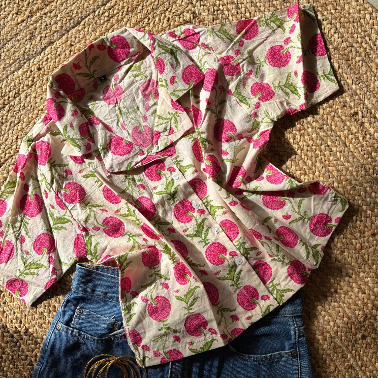 White & Pink Floral Print Pure Cotton Crop Shirt For Women