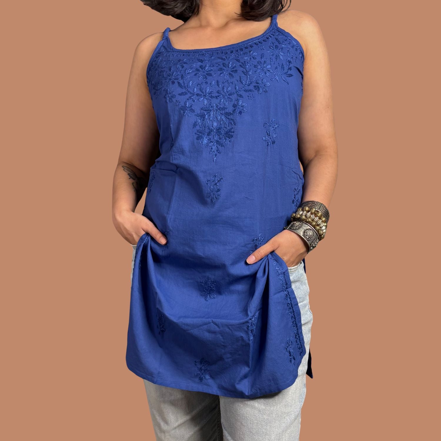 Blue Lucknowi Chikankari Cotton Step Kurta For Women