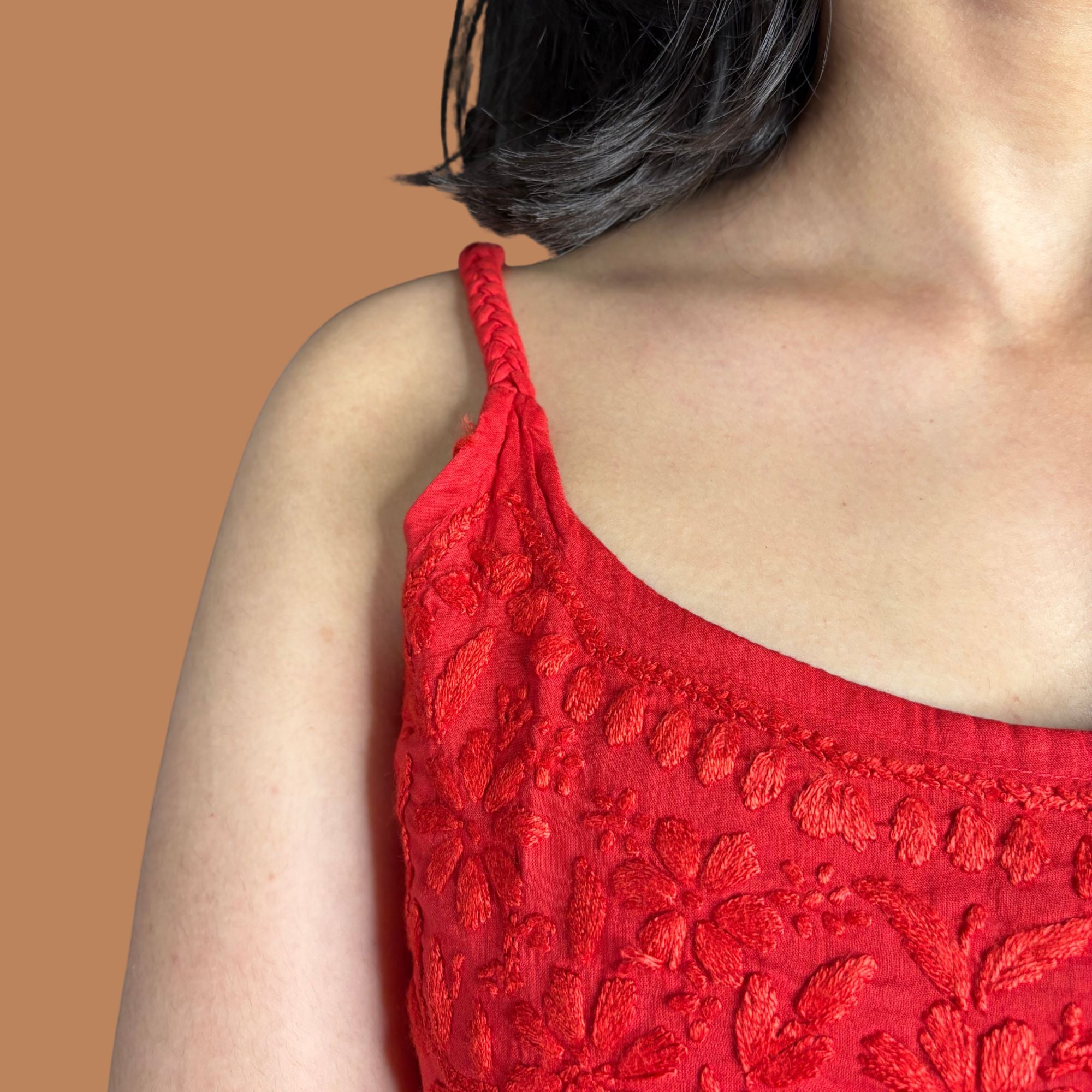 Red Lucknowi Chikankari Pure Cotton Step Kurta For Women