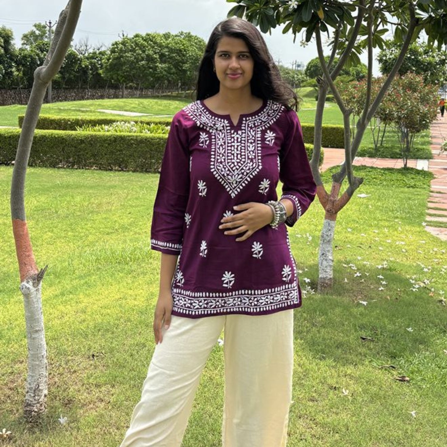 Purple Lucknowi Chikankari Cotton Short Kurti For Women