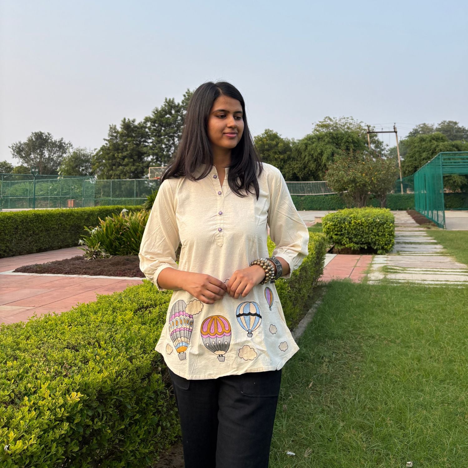 Off White Embroidery Cotton Top For Women 3/4th Sleeves