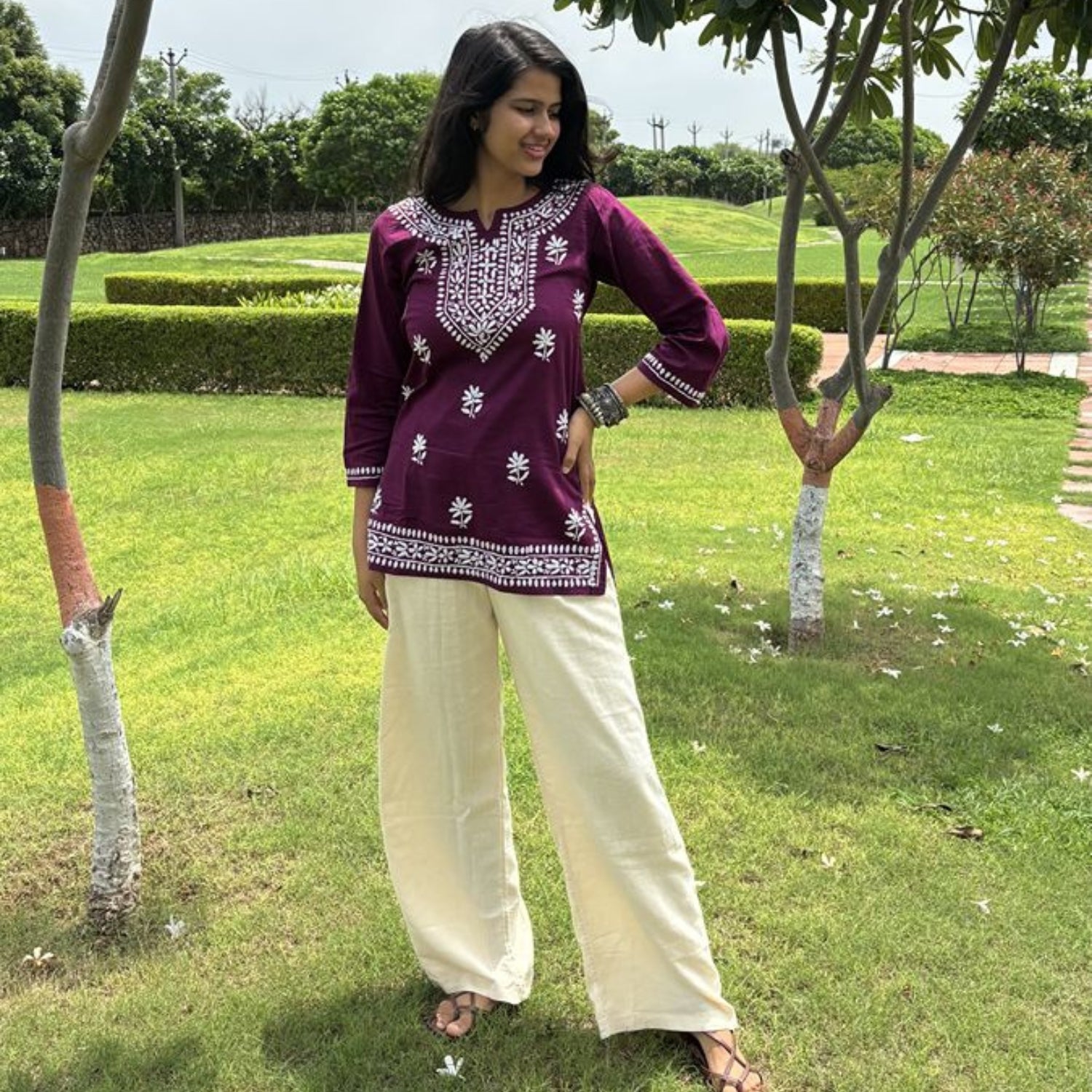 Purple Lucknowi Chikankari Cotton Short Kurti For Women