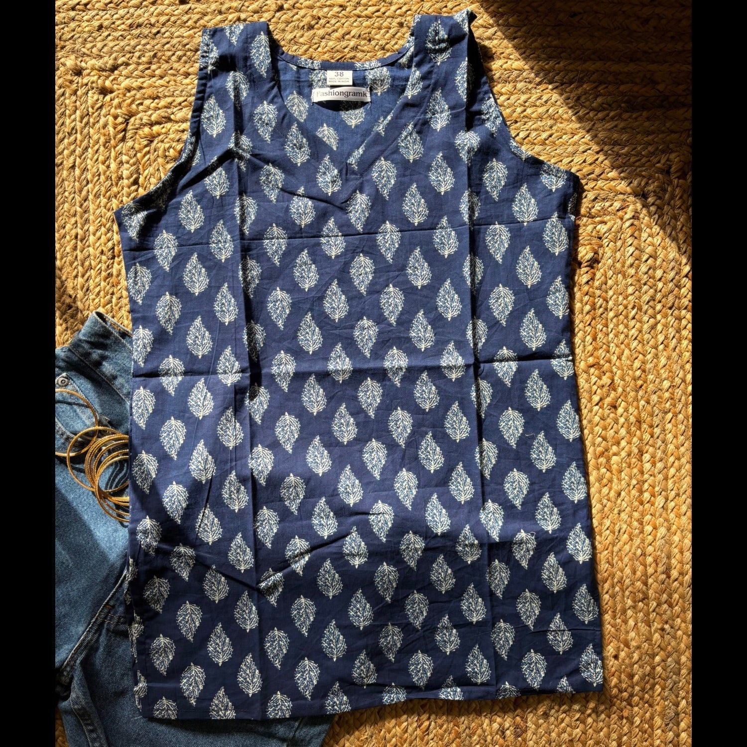 Cut Sleeves Pure Cotton Blue Color Jaipuri Print Short Kurti For Women