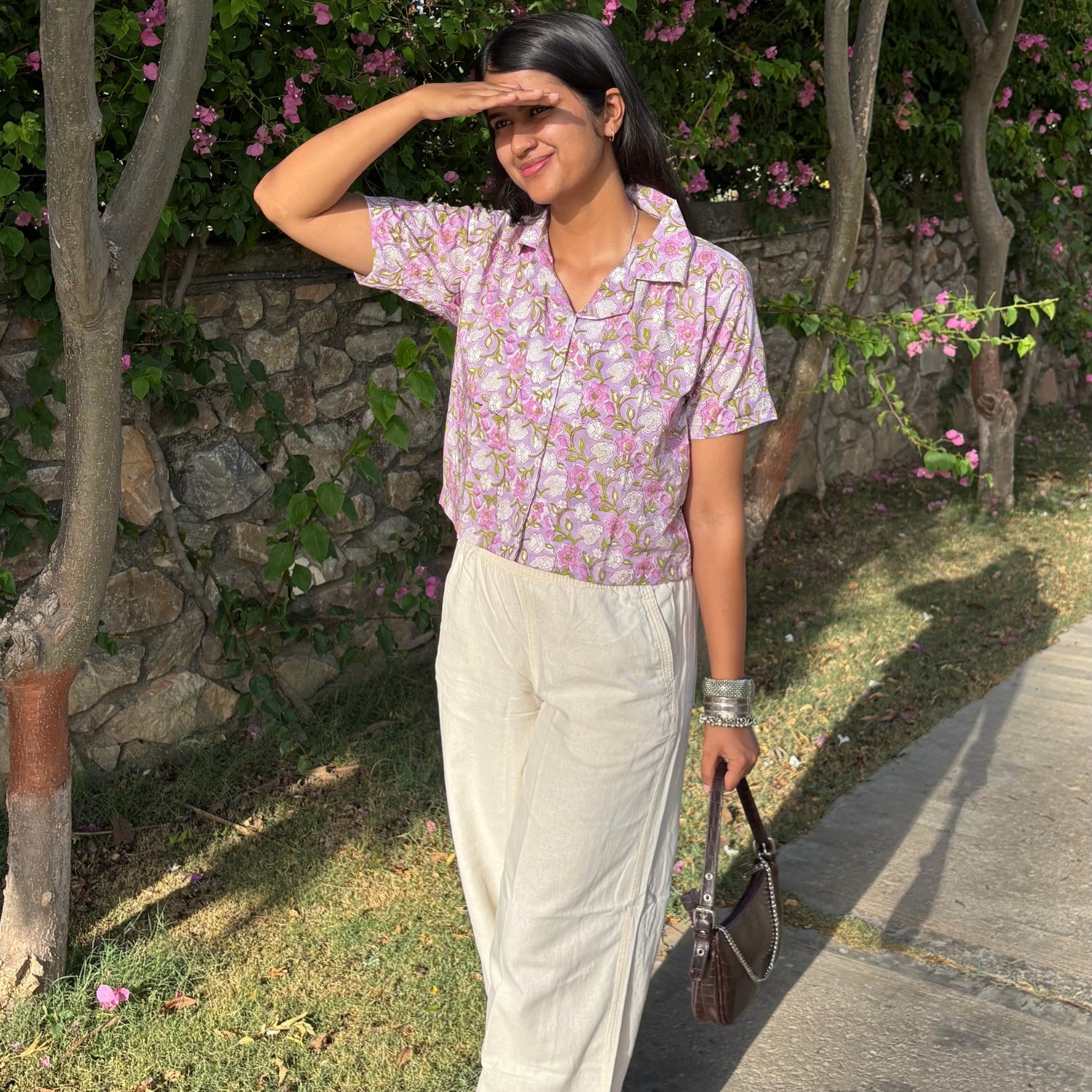 Block Print Pure Cotton Crop Shirt Light Purple Color For Women