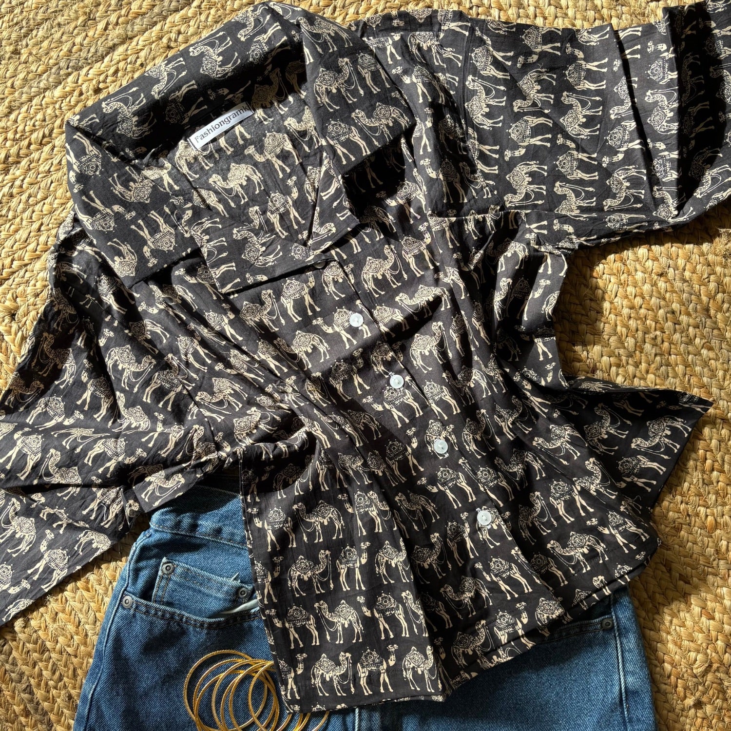 Black Camel Print Crop Shirt Pure Cotton For Women