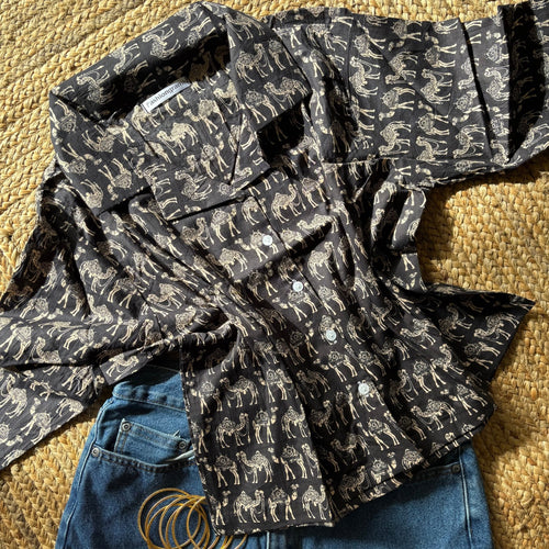 Black Camel Print Crop Shirt Pure Cotton For Women