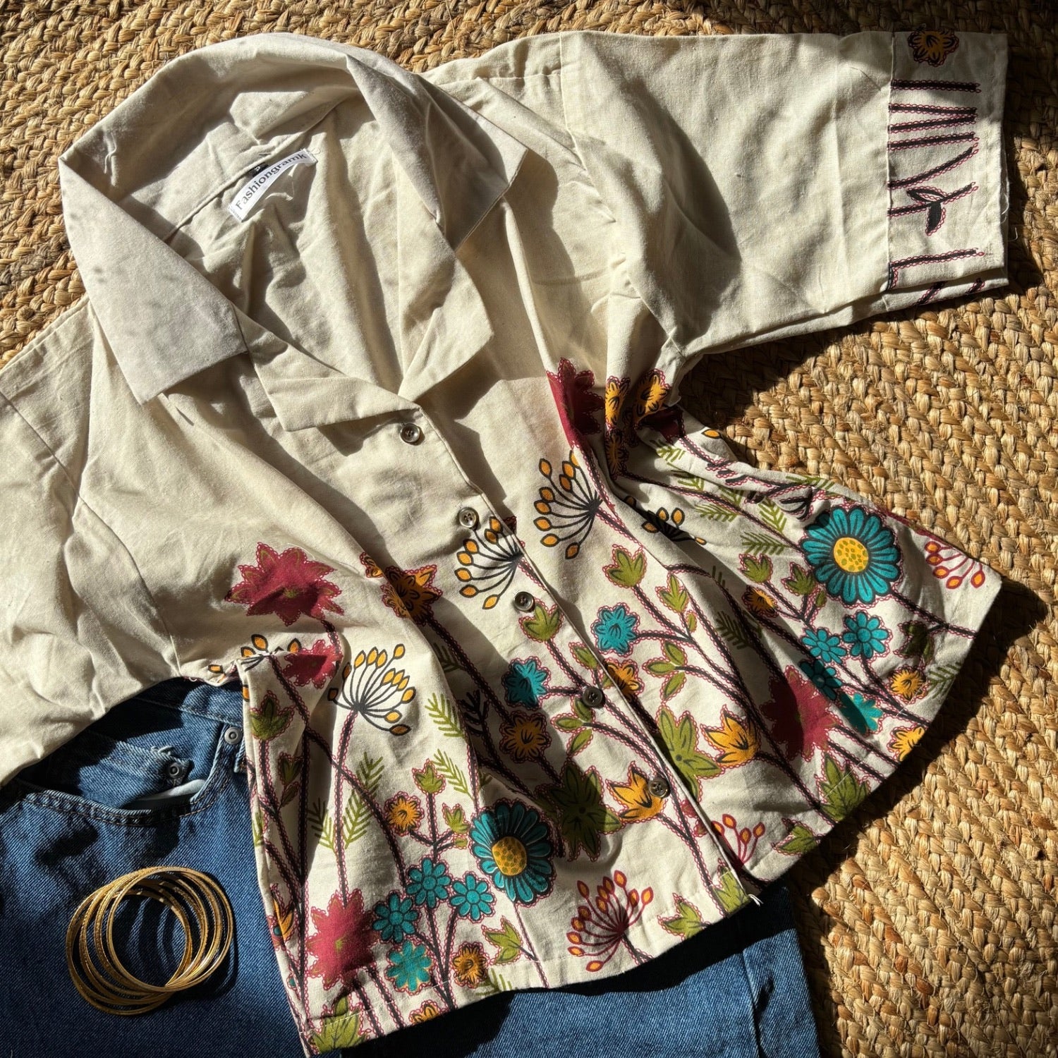 Beige Color Printed Pure Cotton Crop Shirt For Women