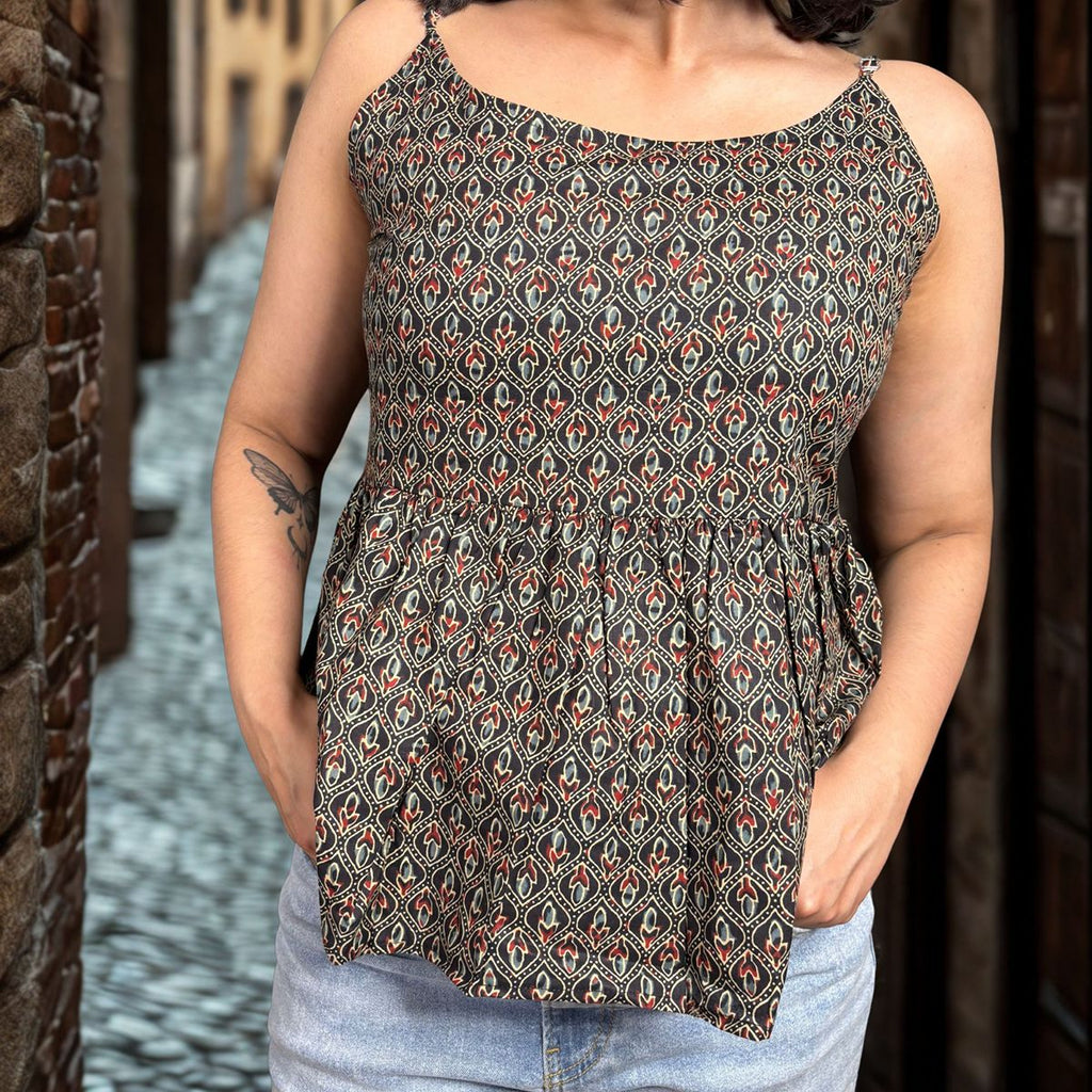 Black Cotton Printed Peplum Step Top For Women Sleeveless