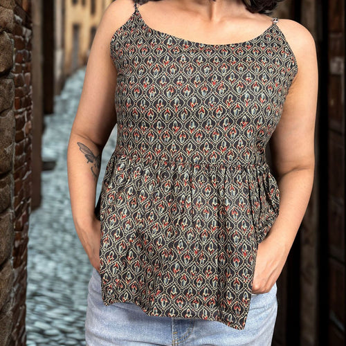 Black Cotton Printed Peplum Step Top For Women Sleeveless