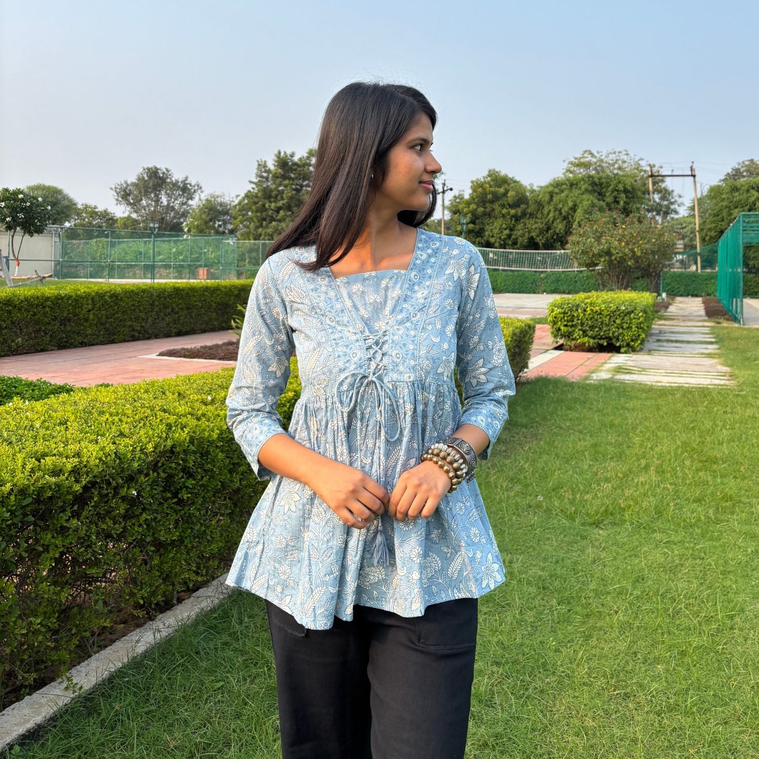 Light Blue Jaipuri Print Cotton Peplum Top For Women
