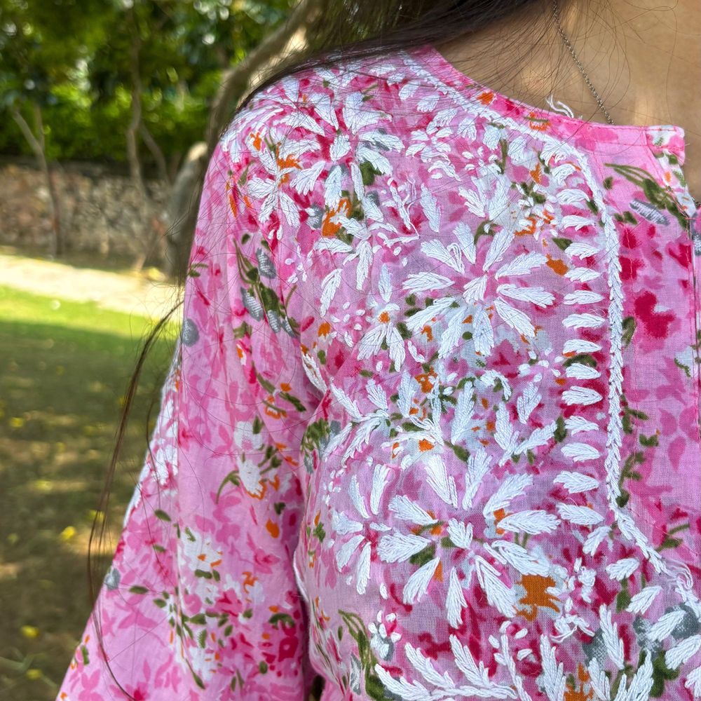 Pink Lucknowi Chikankari Printed Cotton Short Kurti For Women