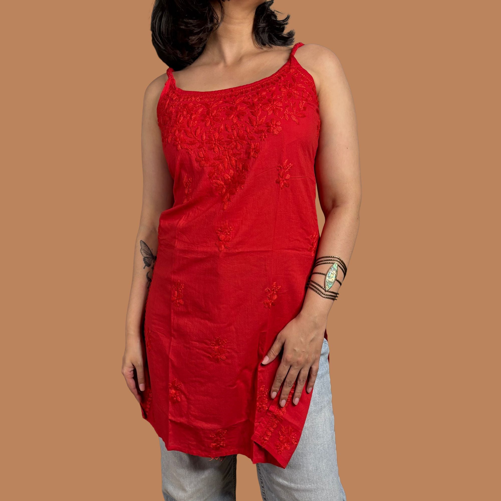 Red Lucknowi Chikankari Pure Cotton Step Kurta For Women
