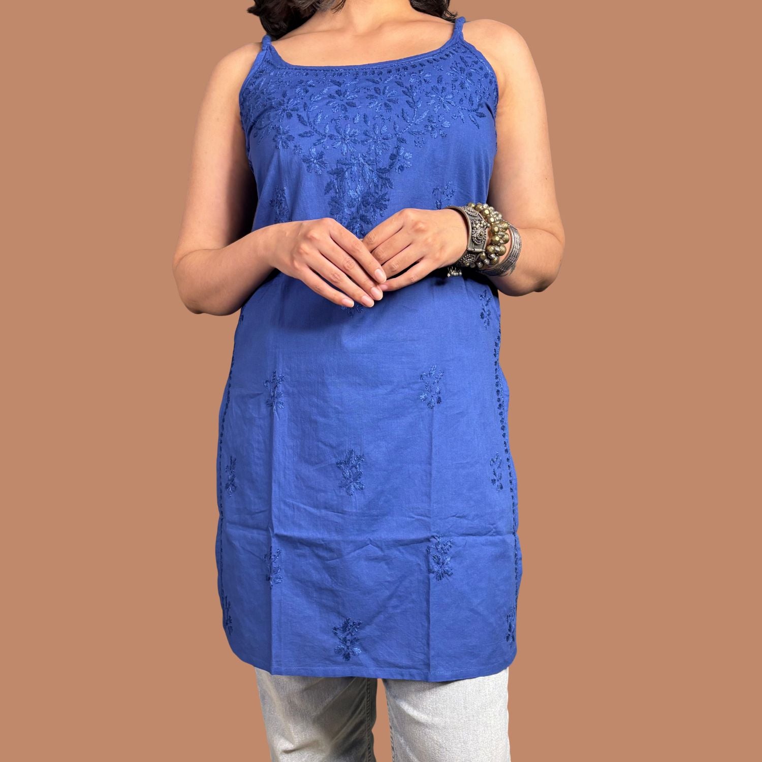 Blue Lucknowi Chikankari Cotton Step Kurta For Women