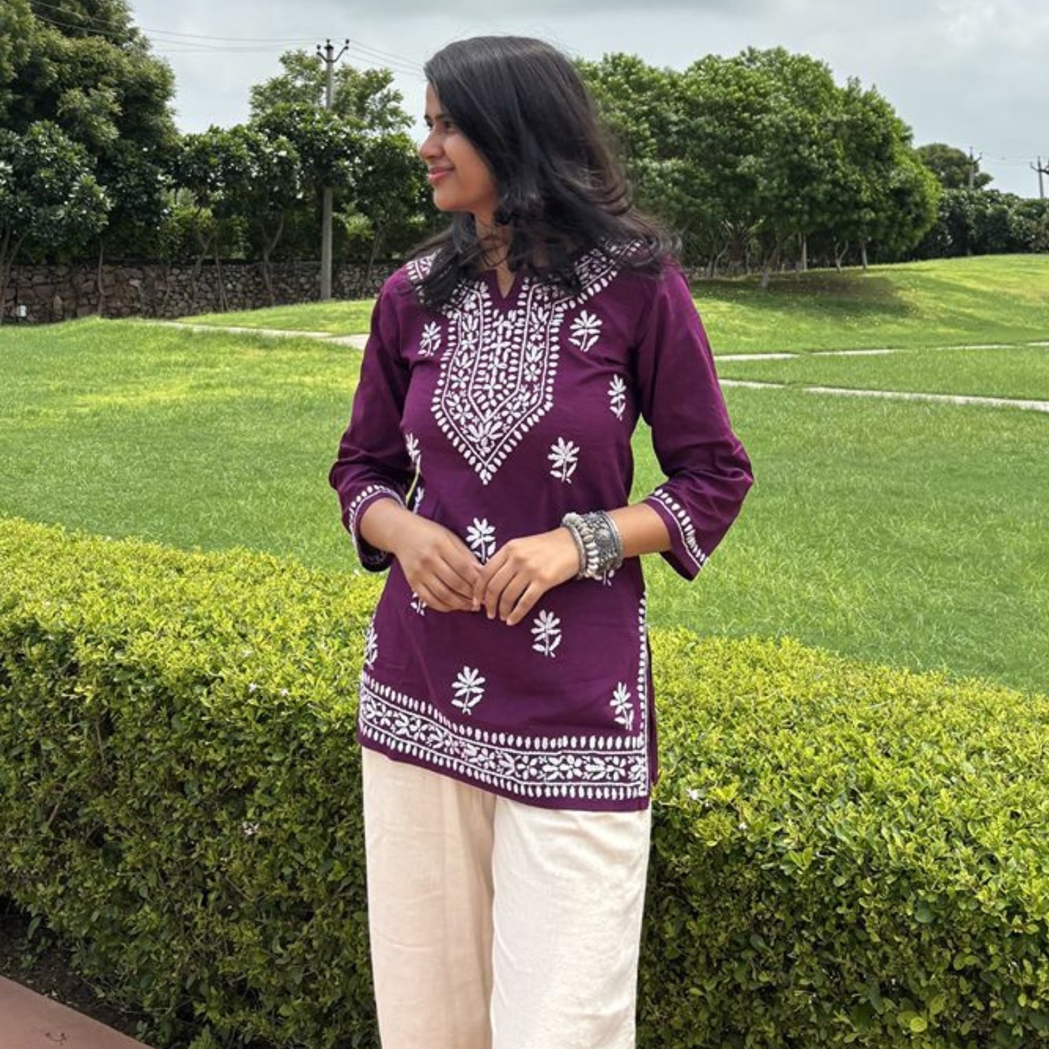 Purple Lucknowi Chikankari Cotton Short Kurti For Women