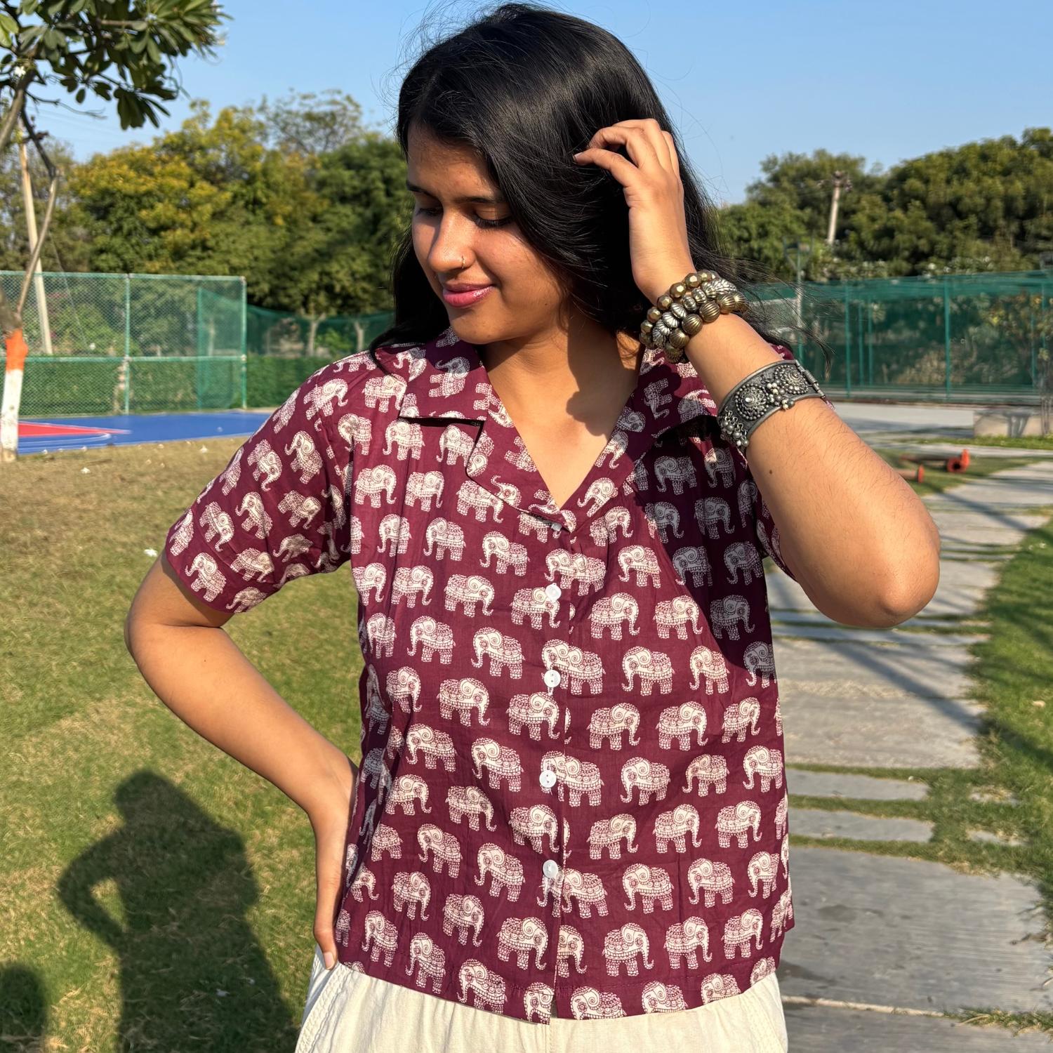 Crop Shirt Pure Cotton Elephant Print Mahroon Color For Women