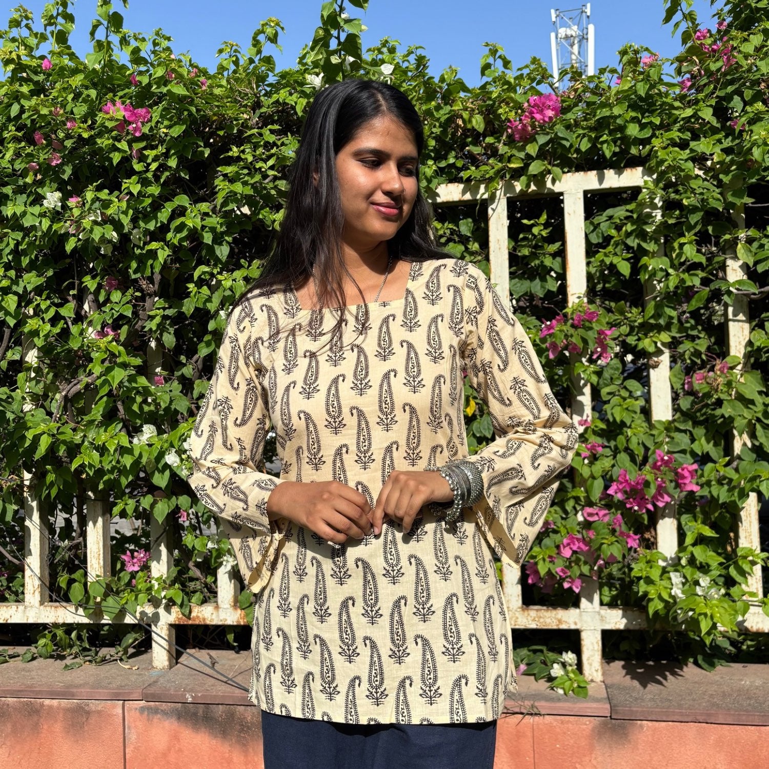 Pure Cotton Full Sleeves Jaipuri Print White Short Kurti With Back Zig Zag Dori For Women