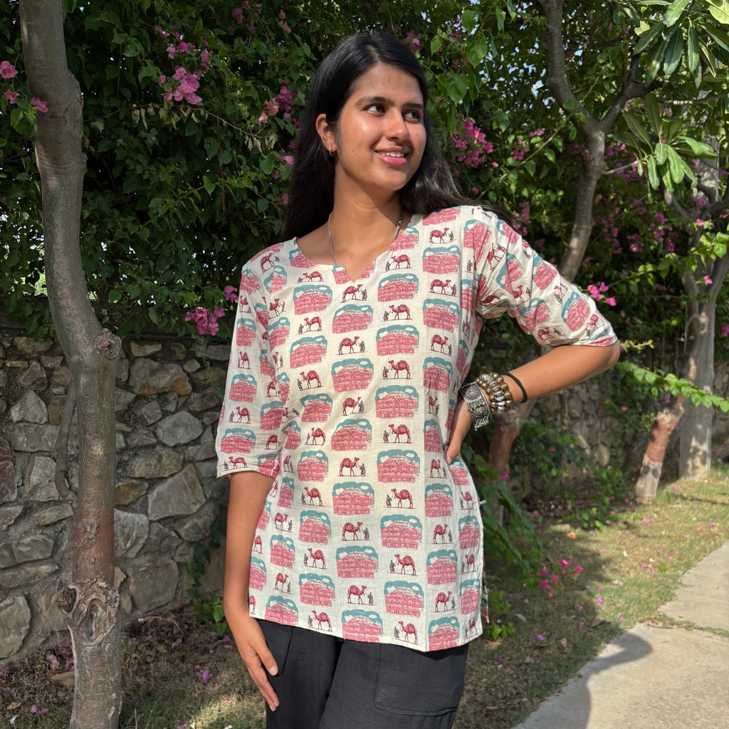 Jaipur Print White Pure Cotton 3/4th Sleeves Short Kurti For Women