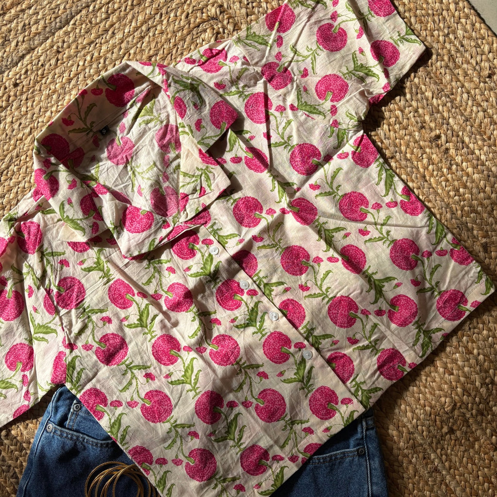 White & Pink Floral Print Pure Cotton Crop Shirt For Women